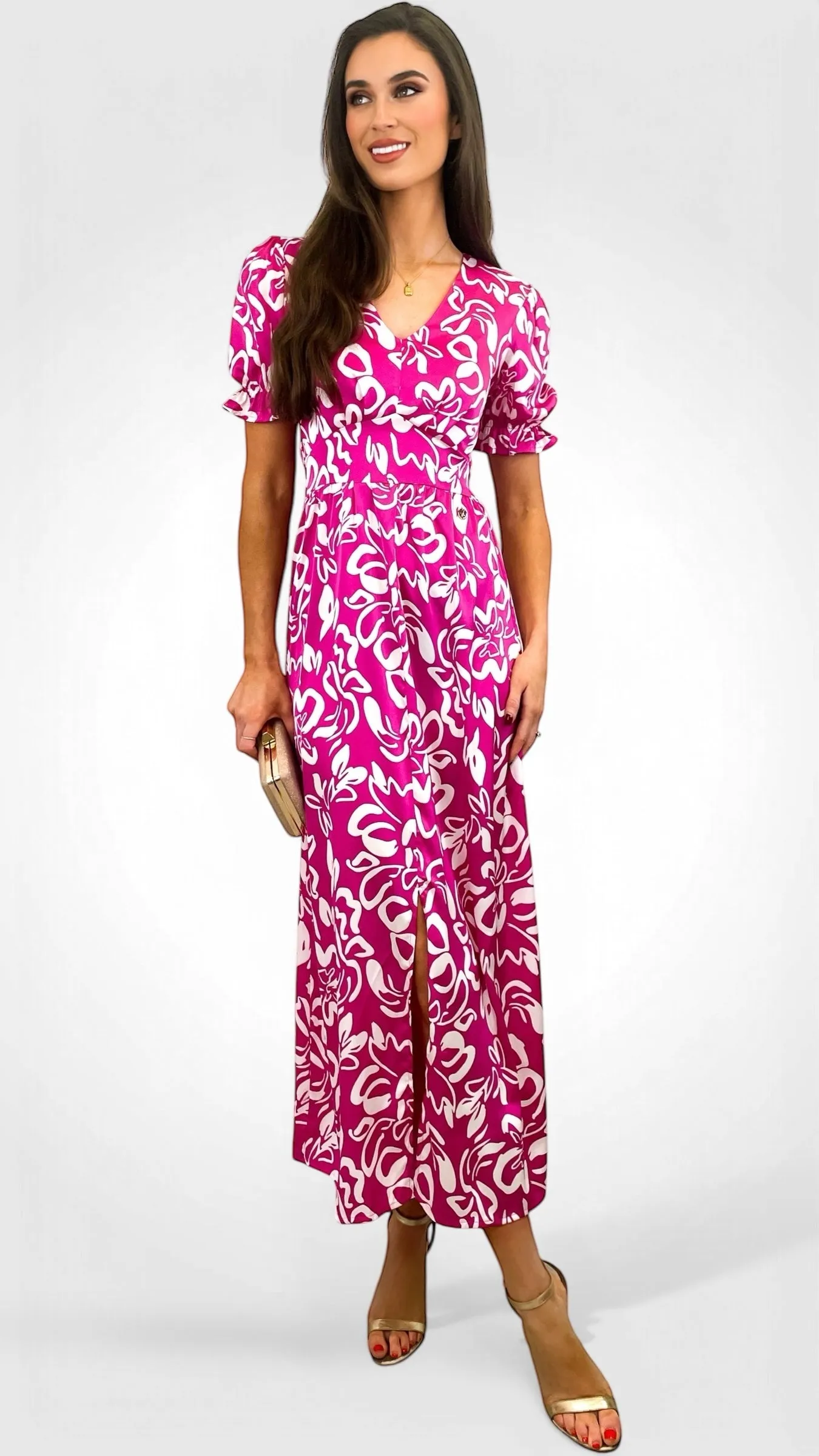 A2160 Ingrid Pink/White Print Midi Dress