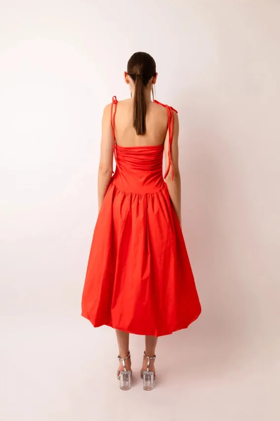 Alexa Stretch Strapless Puffball Midi Dress Orange