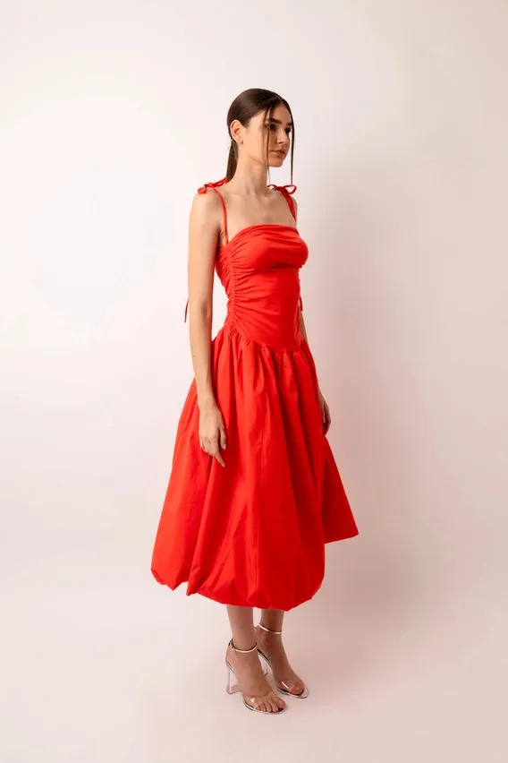 Alexa Stretch Strapless Puffball Midi Dress Orange