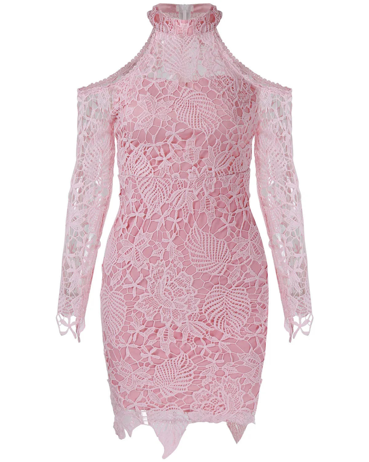 Bear Shoulder High Neck Long Sleeves Short Lace Dress