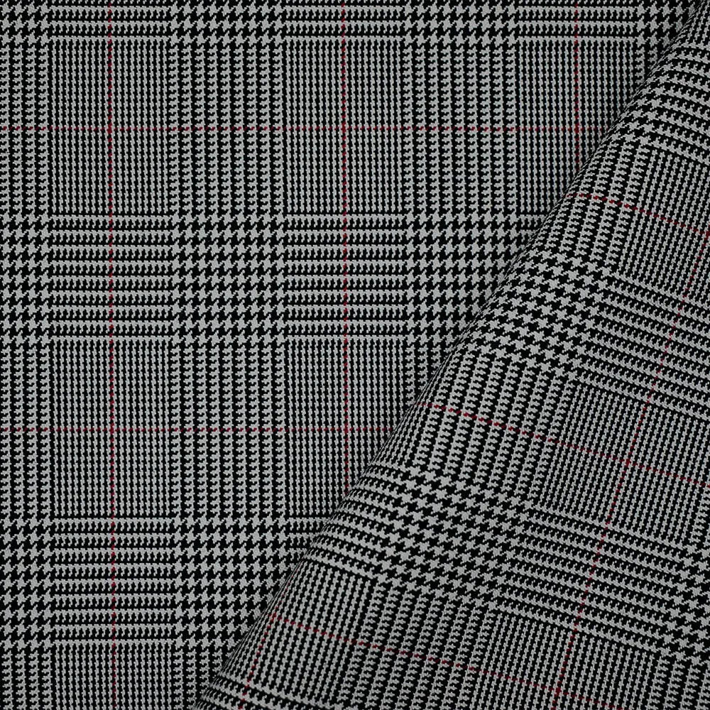 Black-Red-Light Gray Wool-Polyester Glen Plaid Check Woven Suiting Fabric