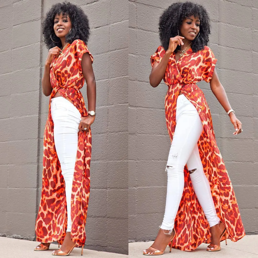Bohemian Style Short Sleeve Print Split Long Dress