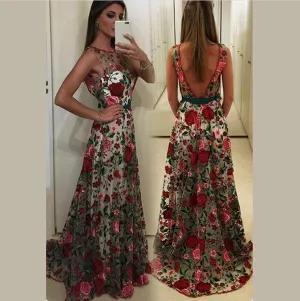 Clearance Embroidery Flowers Backless Pleated Long Prom Party Dress