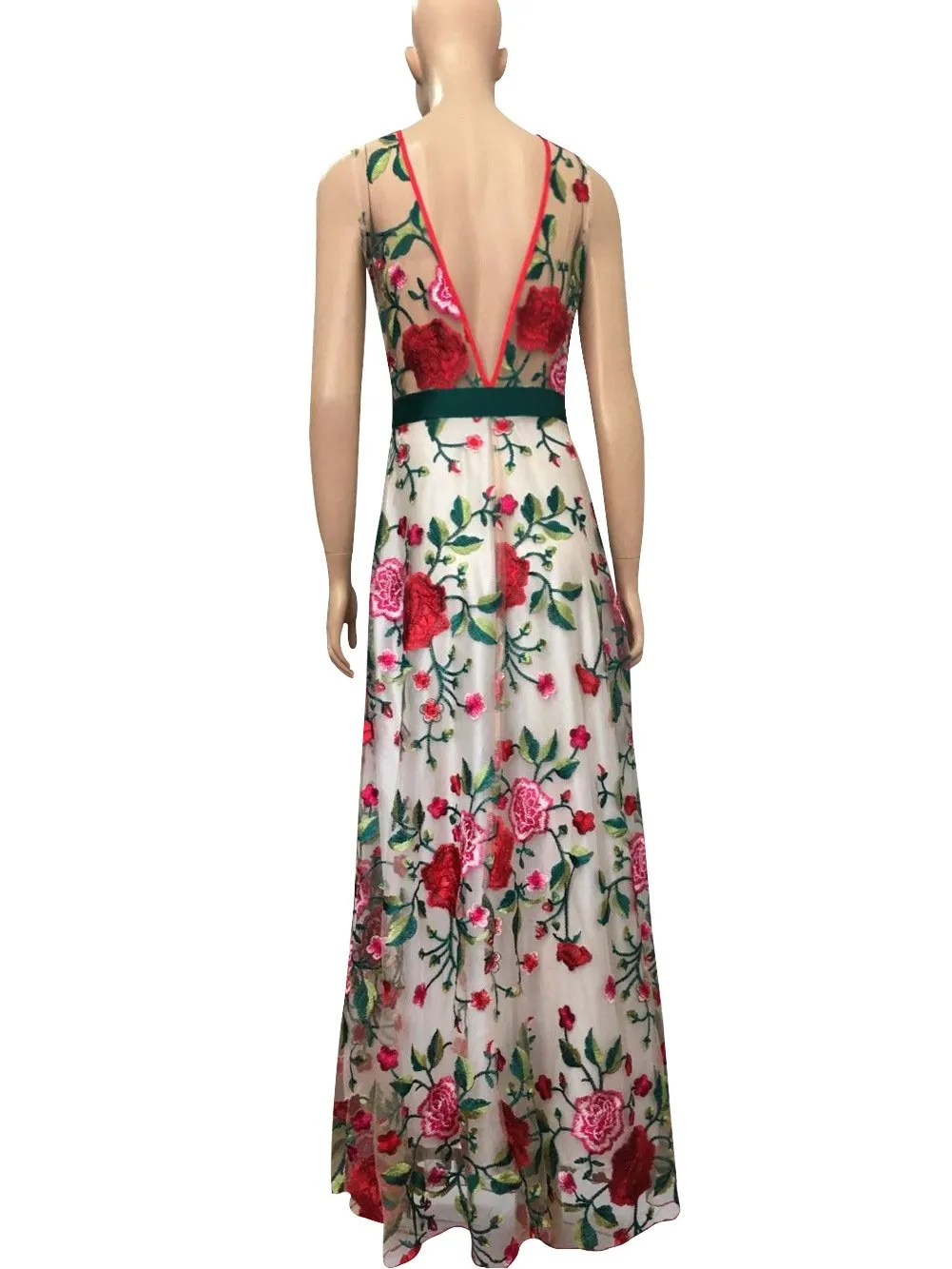 Clearance Embroidery Flowers Backless Pleated Long Prom Party Dress