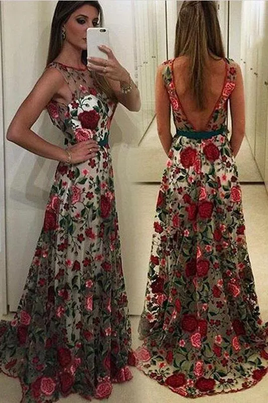Clearance Embroidery Flowers Backless Pleated Long Prom Party Dress
