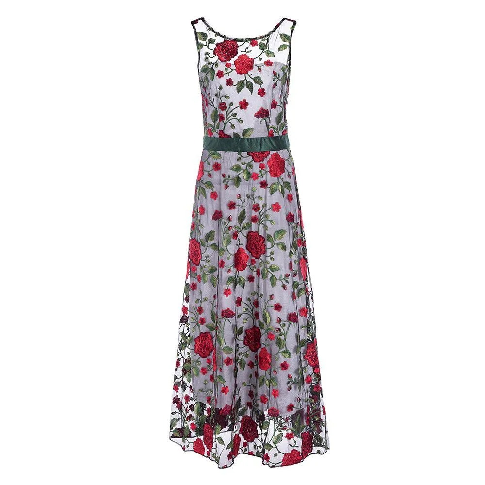 Clearance Embroidery Flowers Backless Pleated Long Prom Party Dress