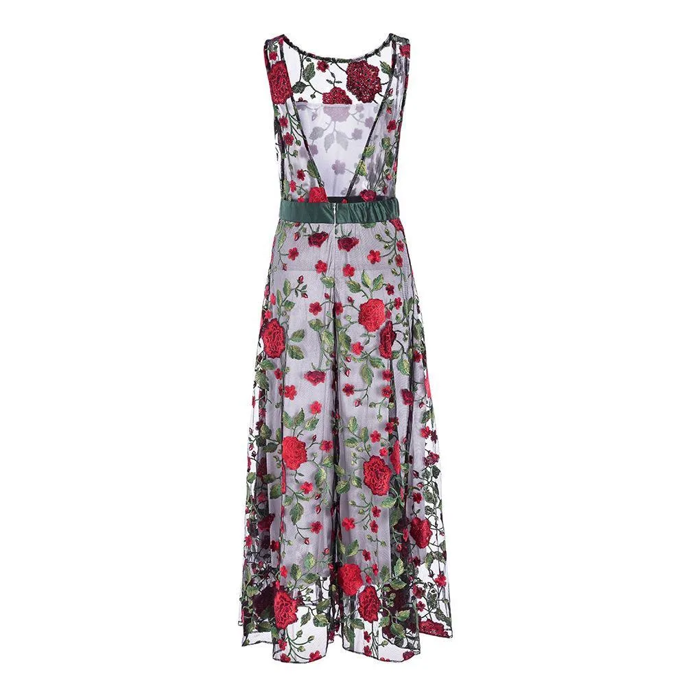 Clearance Embroidery Flowers Backless Pleated Long Prom Party Dress