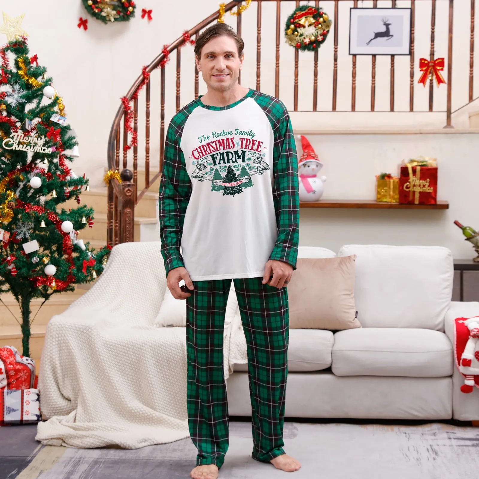 Family Matching Christmas Tree Alphabet Plaid Green Print Holiday Pajama Set