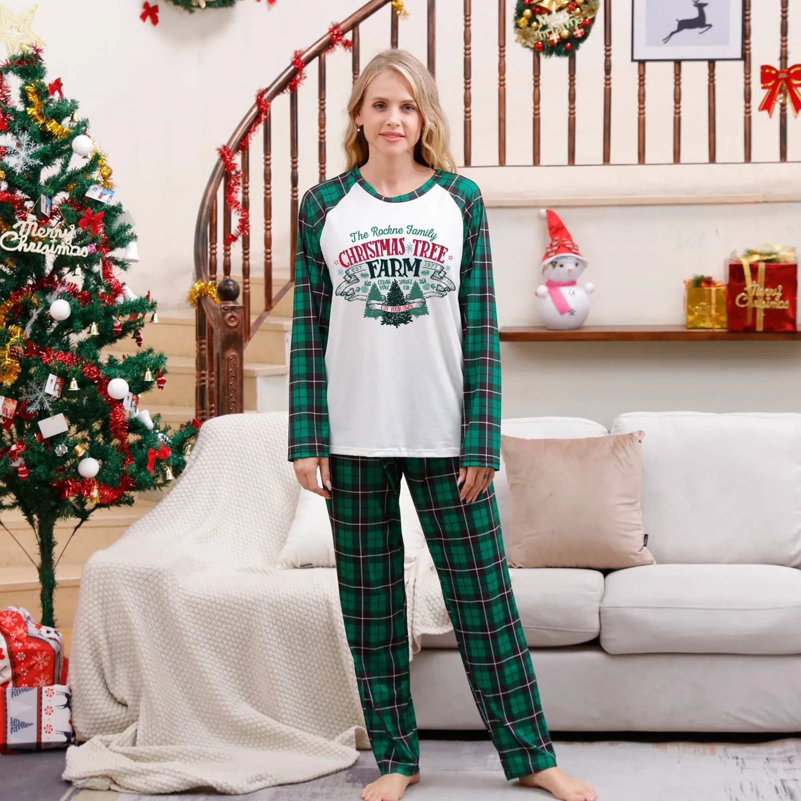 Family Matching Christmas Tree Alphabet Plaid Green Print Holiday Pajama Set