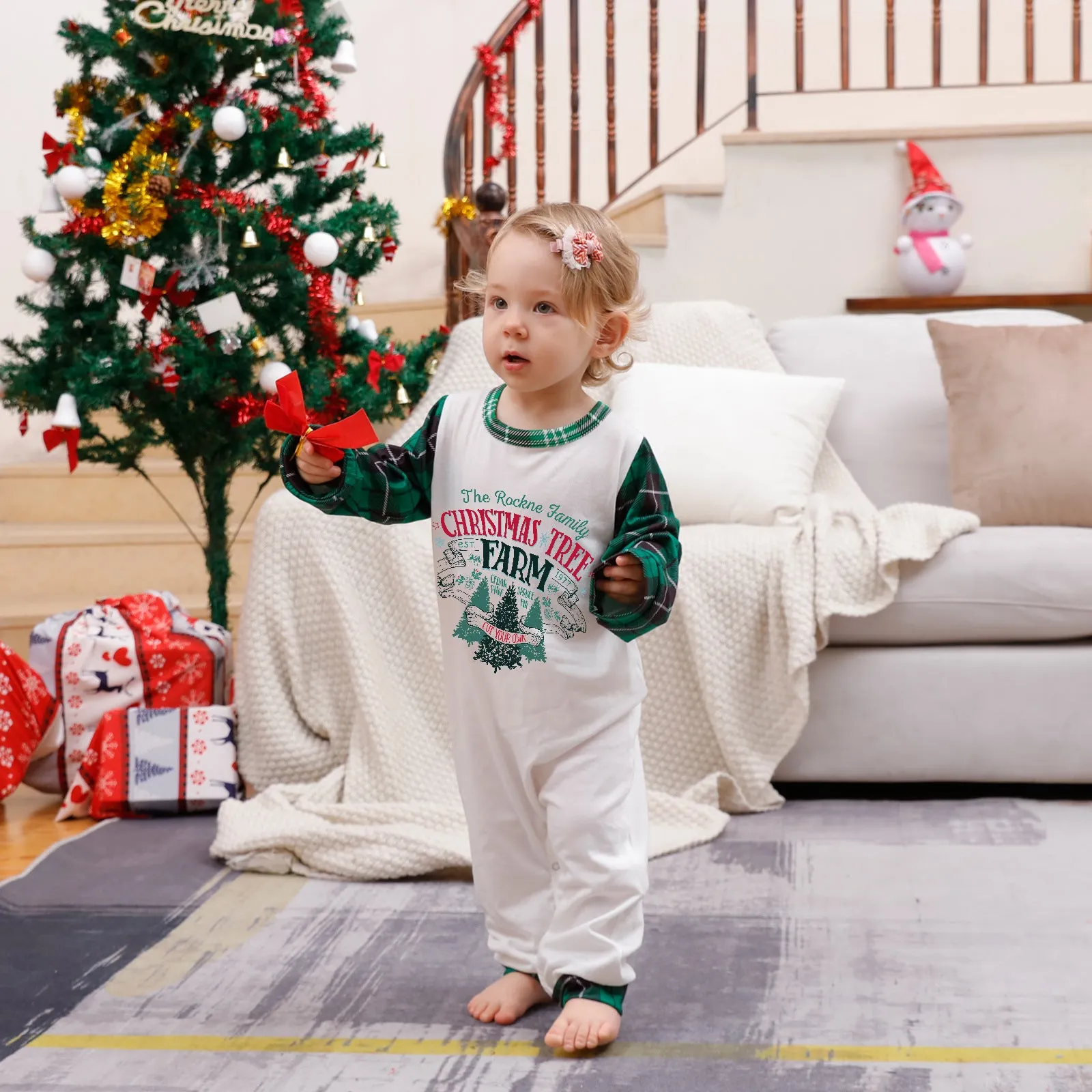 Family Matching Christmas Tree Alphabet Plaid Green Print Holiday Pajama Set