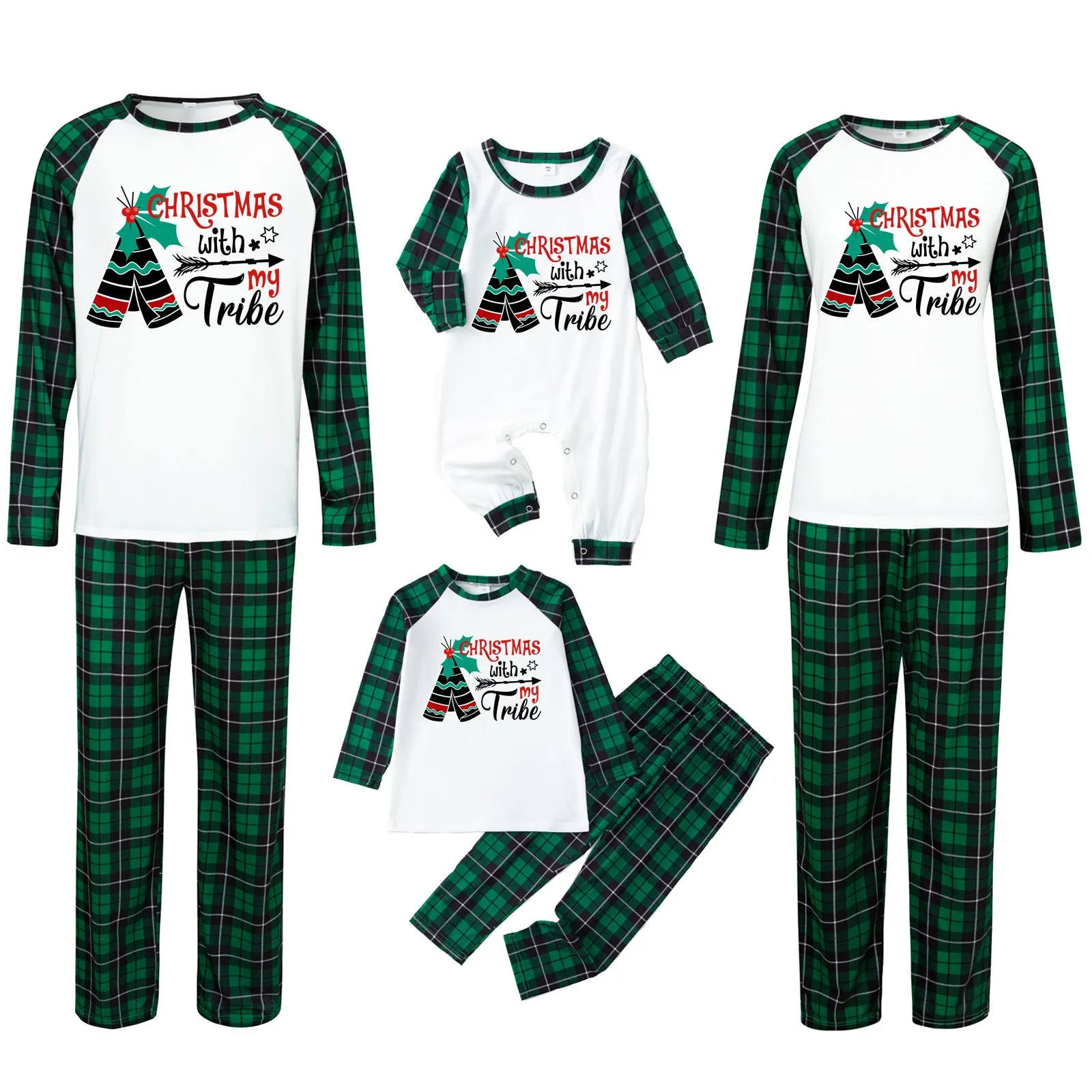 Family Matching Christmas Tree Alphabet Plaid Green Print Holiday Pajama Set