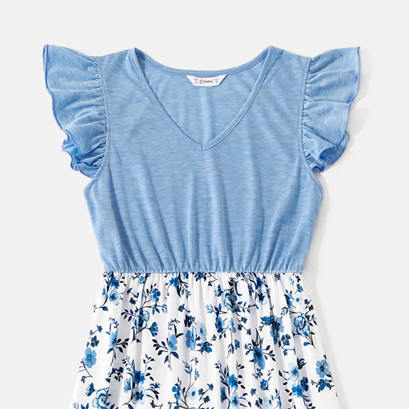 Family Matching Floral Print High Low Hem Flutter-sleeve Spliced Naia™ Dresses and Short-sleeve Striped T-shirts Sets