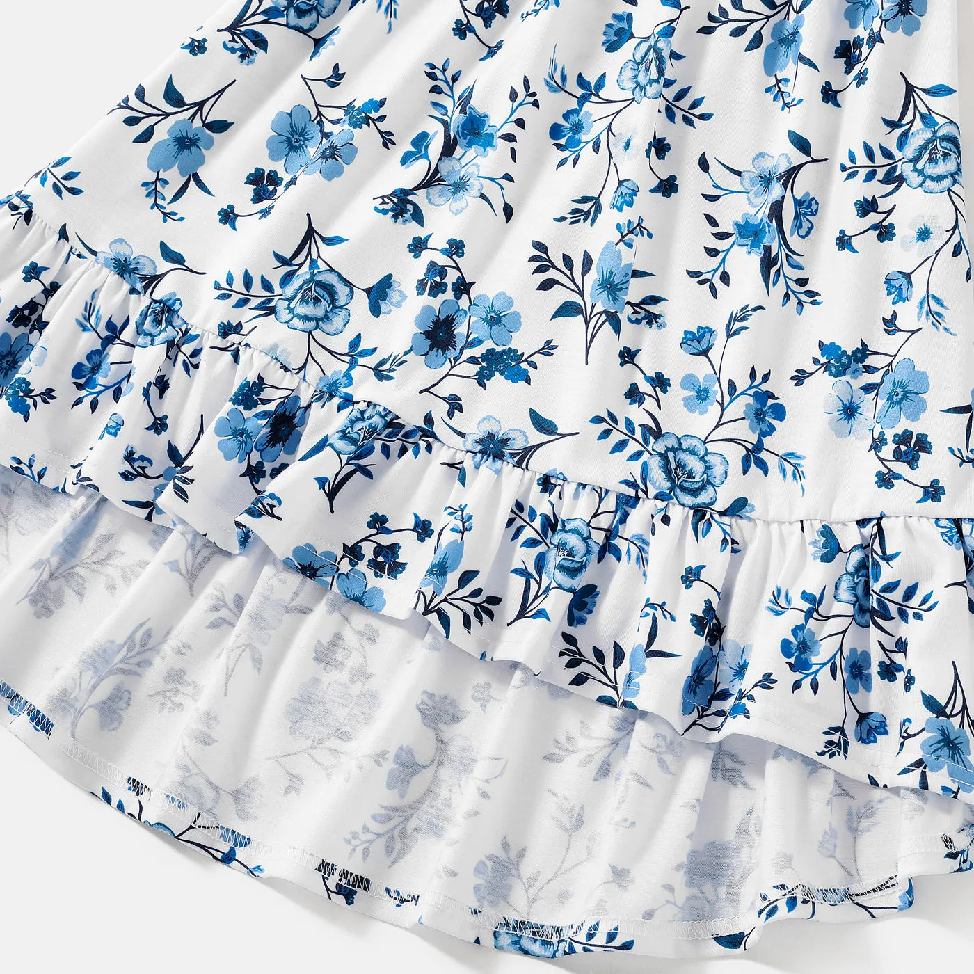 Family Matching Floral Print High Low Hem Flutter-sleeve Spliced Naia™ Dresses and Short-sleeve Striped T-shirts Sets