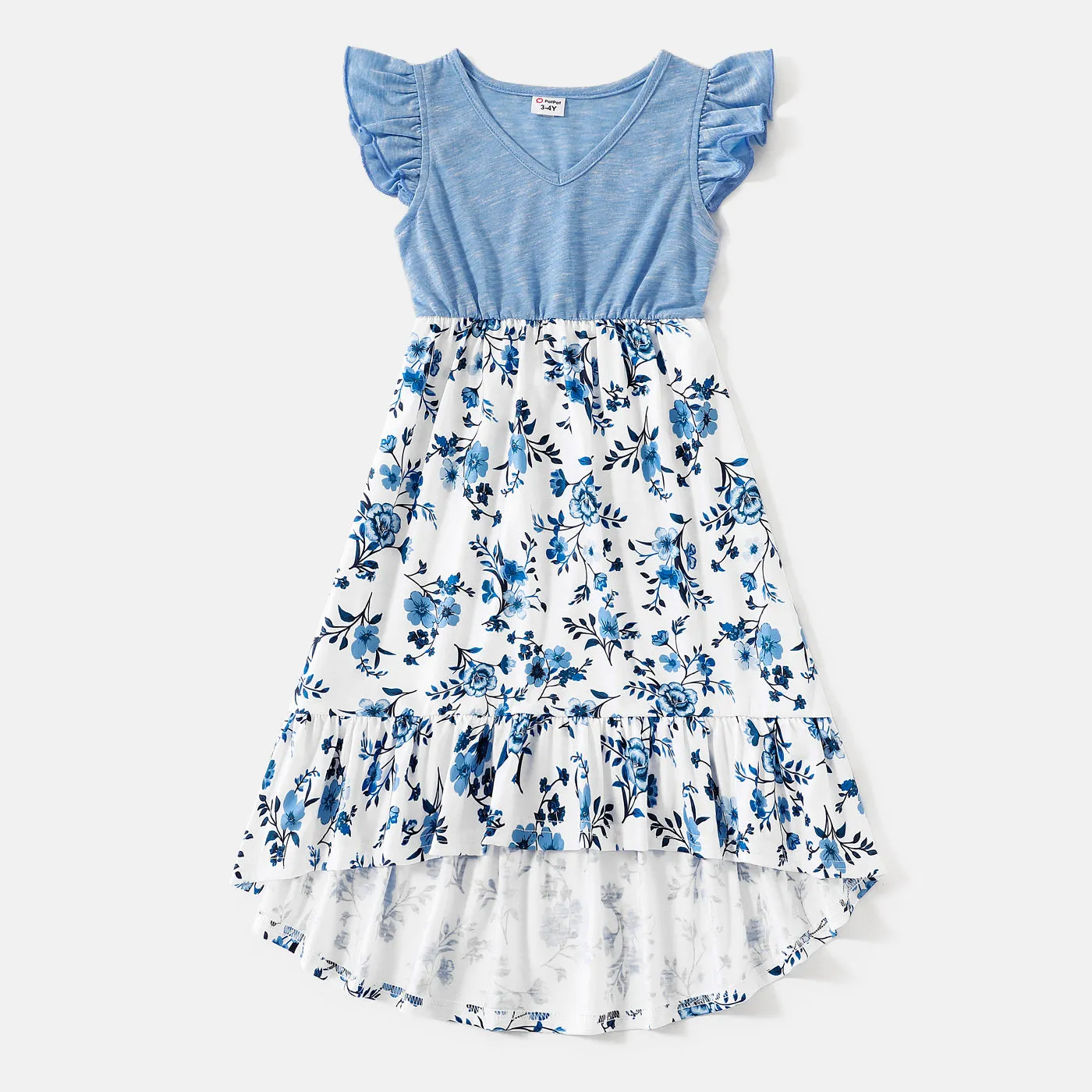 Family Matching Floral Print High Low Hem Flutter-sleeve Spliced Naia™ Dresses and Short-sleeve Striped T-shirts Sets