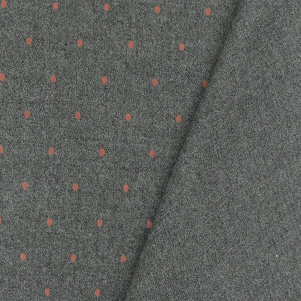 Gray-Coral Pink Dot Velvet Flocked Poly-Wool Twill Woven Jacketing Fabric