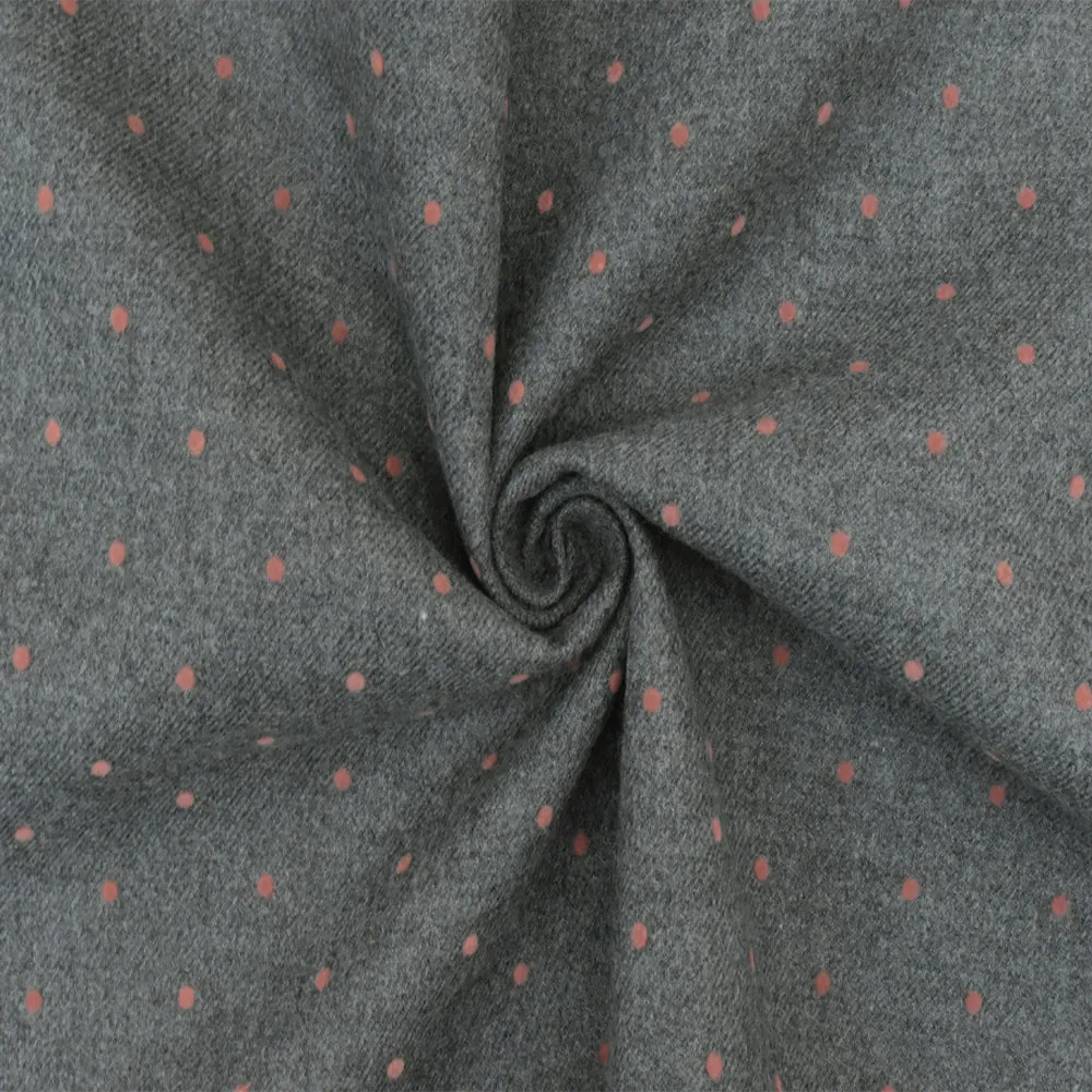 Gray-Coral Pink Dot Velvet Flocked Poly-Wool Twill Woven Jacketing Fabric