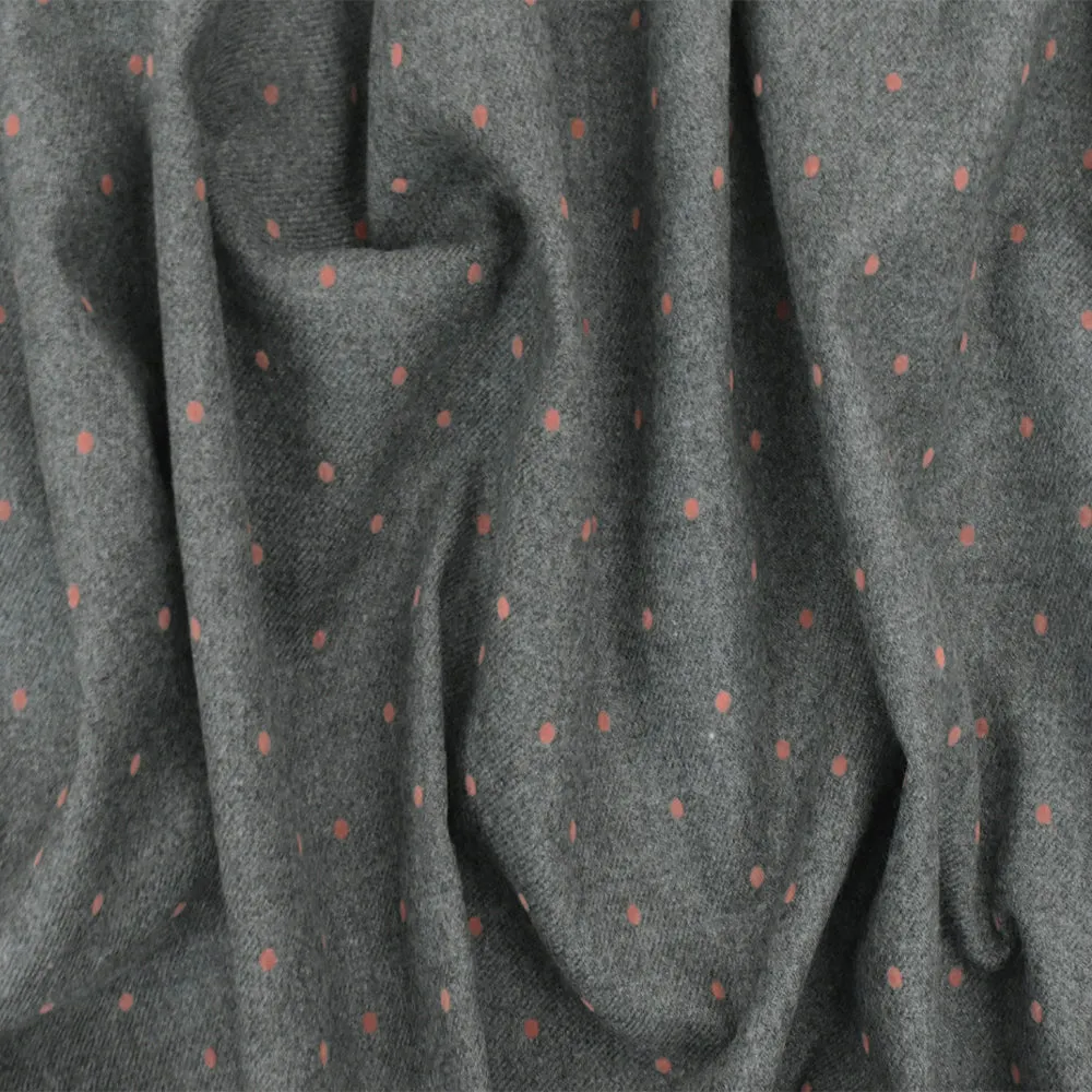 Gray-Coral Pink Dot Velvet Flocked Poly-Wool Twill Woven Jacketing Fabric