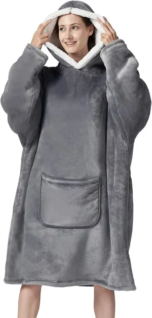 Hansleep Wearable Blanket Sherpa Oversized Sweatshirt with Hoodie, Soft Warm Flannel Fleece Throw Blankets Sweatshirt with Sleeves and Pocket, One Size Fits All (Grey, Medium)…