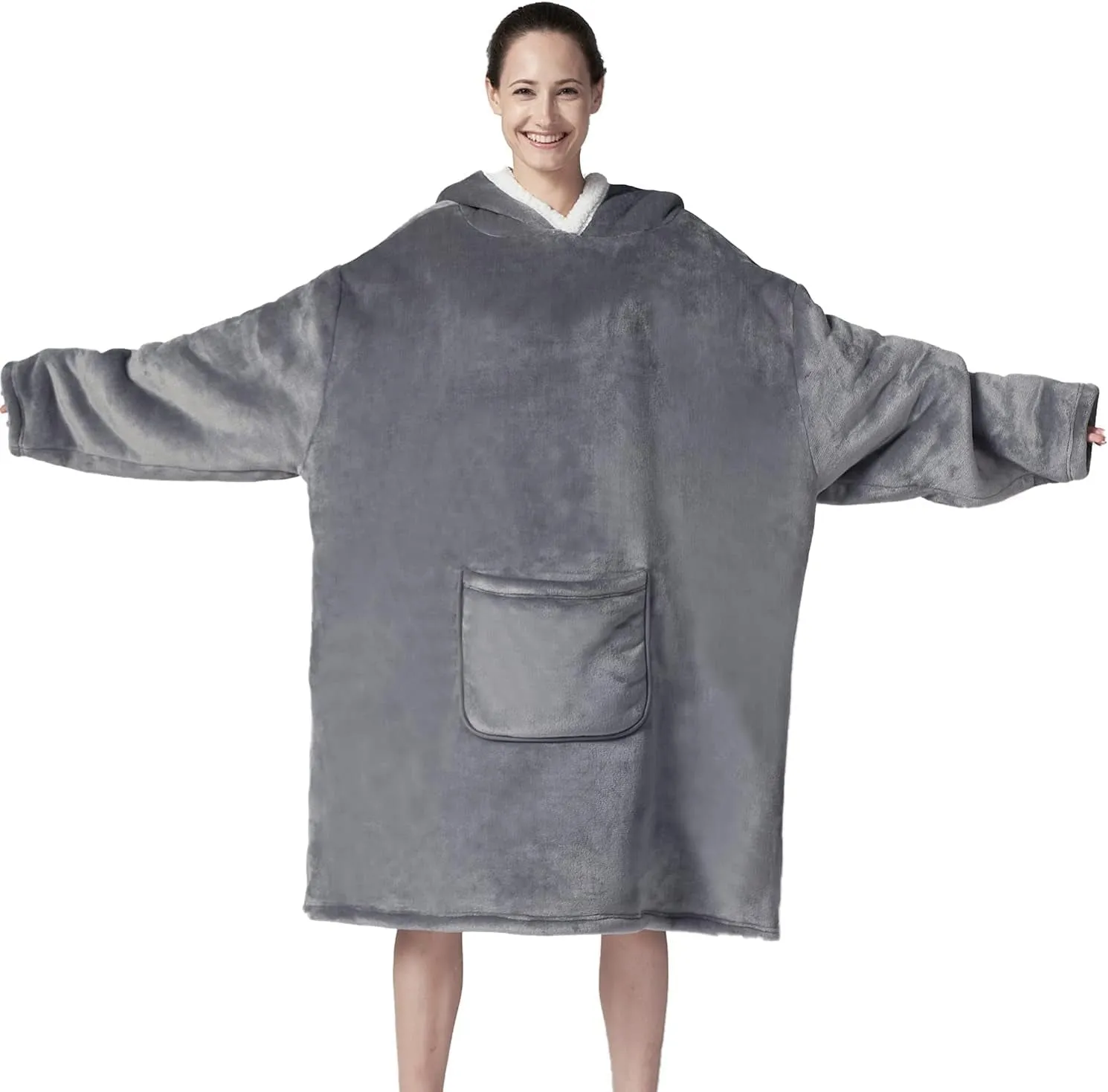 Hansleep Wearable Blanket Sherpa Oversized Sweatshirt with Hoodie, Soft Warm Flannel Fleece Throw Blankets Sweatshirt with Sleeves and Pocket, One Size Fits All (Grey, Medium)…