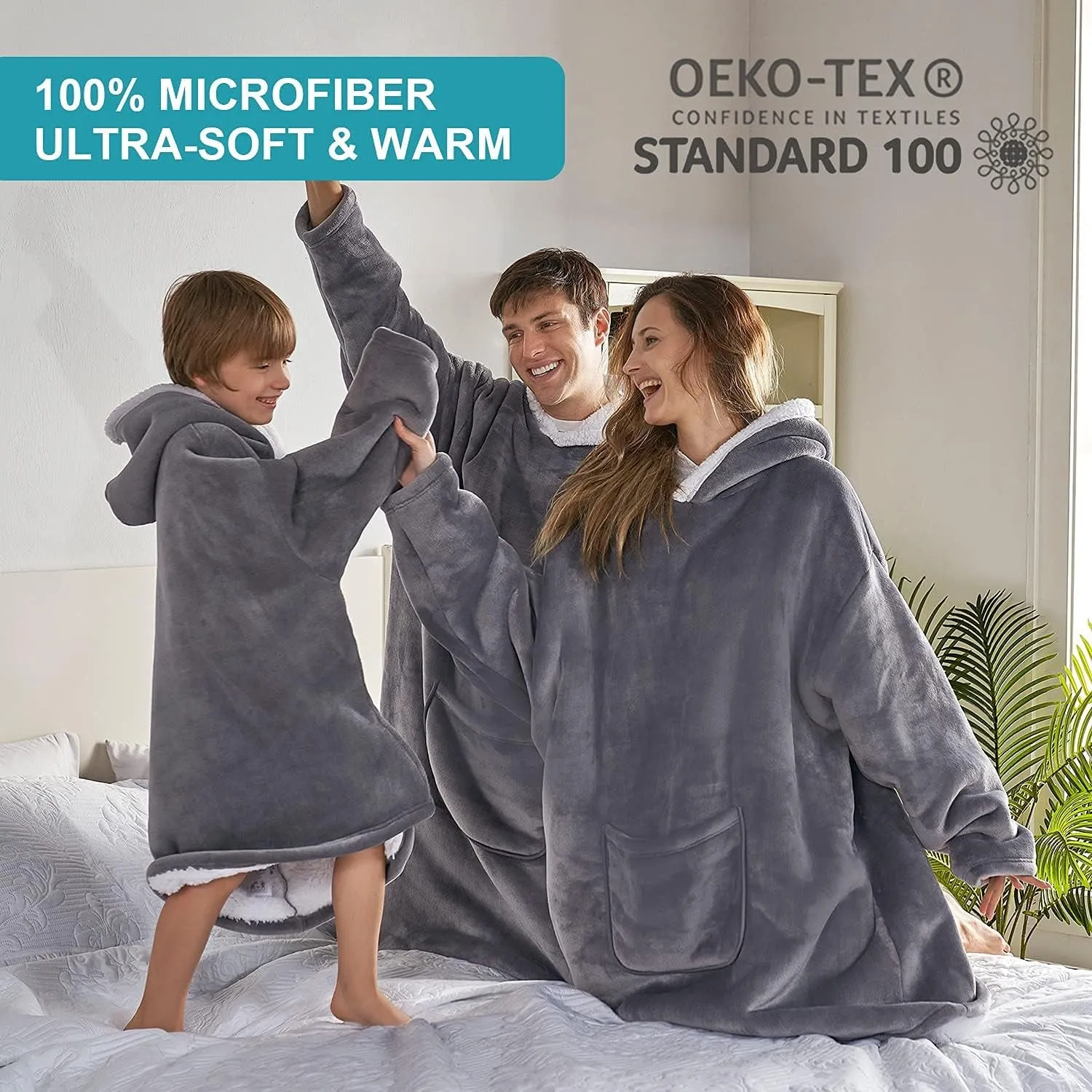 Hansleep Wearable Blanket Sherpa Oversized Sweatshirt with Hoodie, Soft Warm Flannel Fleece Throw Blankets Sweatshirt with Sleeves and Pocket, One Size Fits All (Grey, Medium)…
