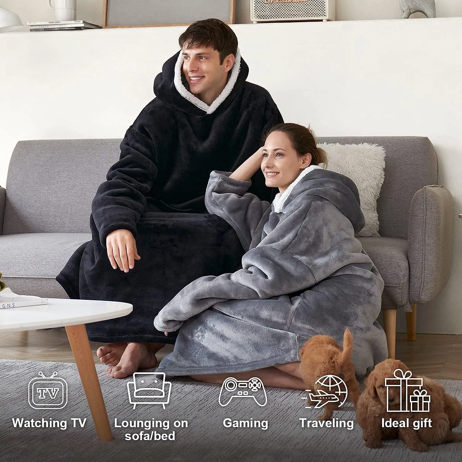 Hansleep Wearable Blanket Sherpa Oversized Sweatshirt with Hoodie, Soft Warm Flannel Fleece Throw Blankets Sweatshirt with Sleeves and Pocket, One Size Fits All (Grey, Medium)…