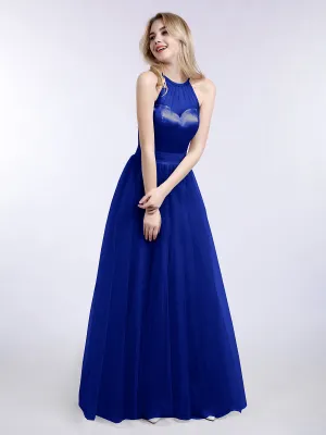 Illusion Neckline Long Tulle Dress-Royal Blue Plus Size
