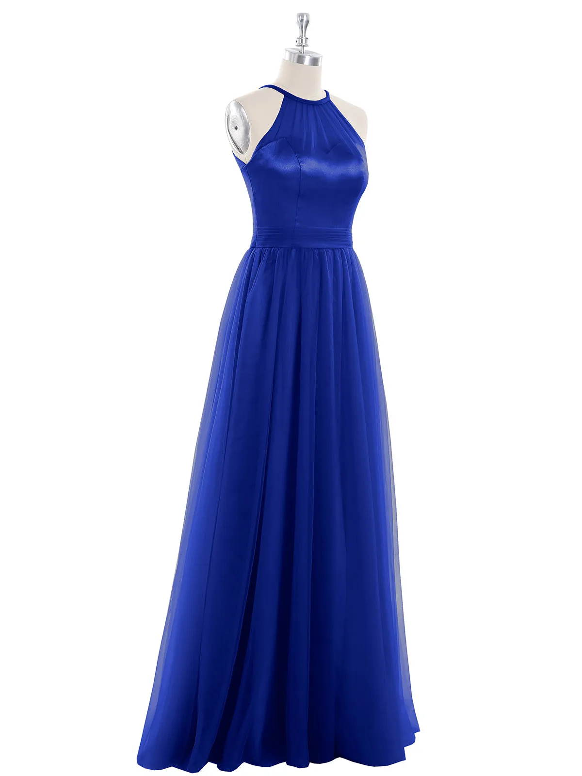 Illusion Neckline Long Tulle Dress-Royal Blue Plus Size