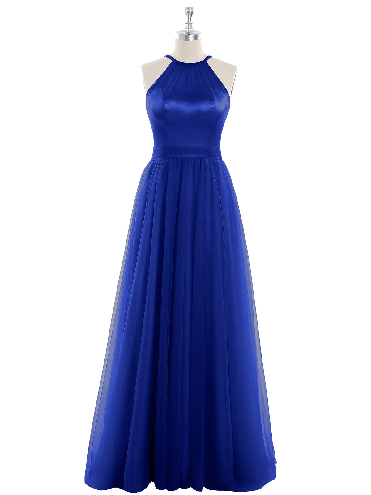 Illusion Neckline Long Tulle Dress-Royal Blue Plus Size