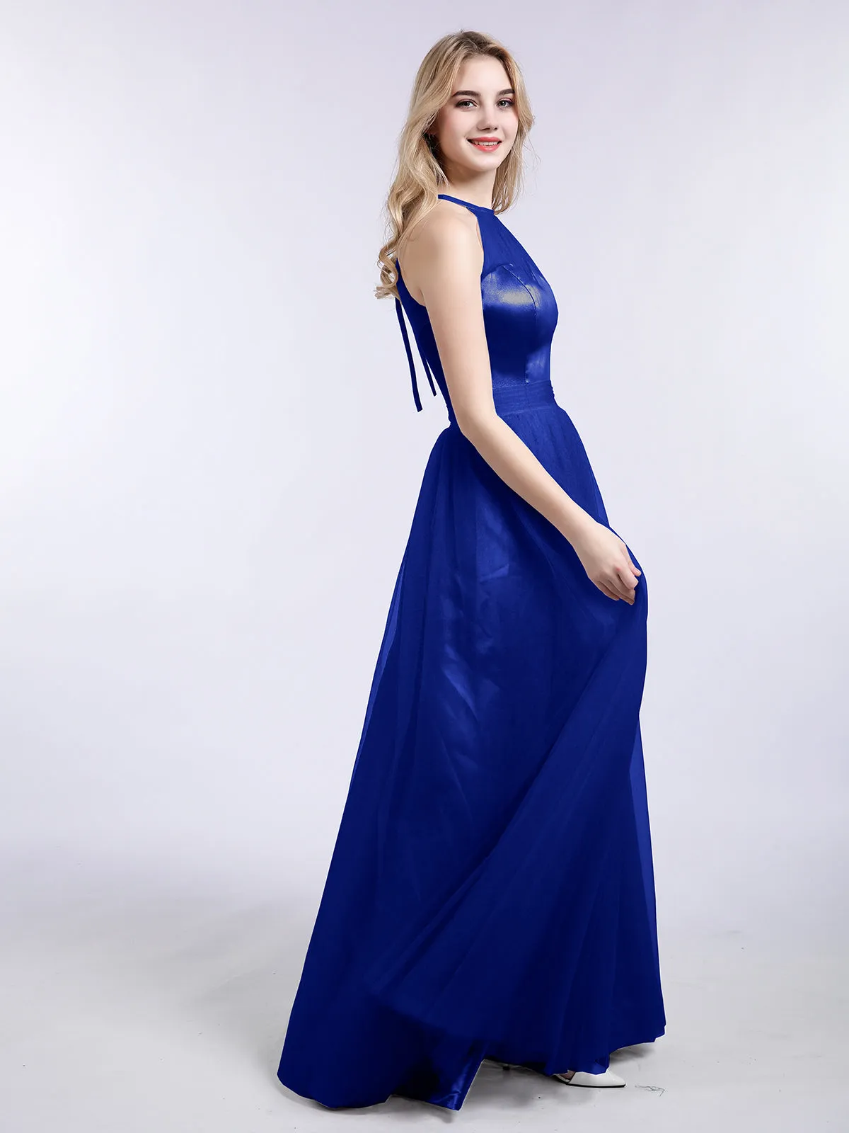 Illusion Neckline Long Tulle Dress-Royal Blue Plus Size