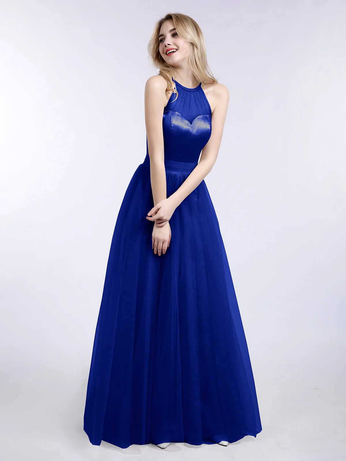 Illusion Neckline Long Tulle Dress-Royal Blue Plus Size