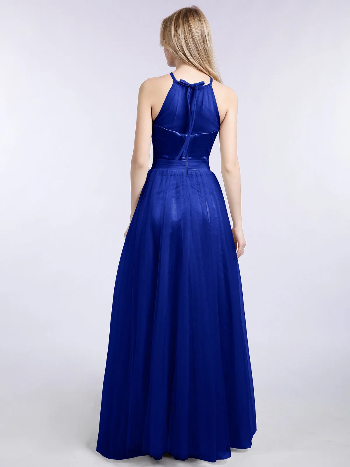 Illusion Neckline Long Tulle Dress-Royal Blue Plus Size