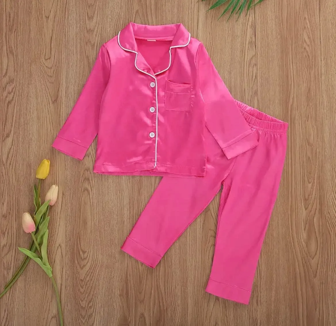 Kids Baby Satin Pyjamas - Bright Pink