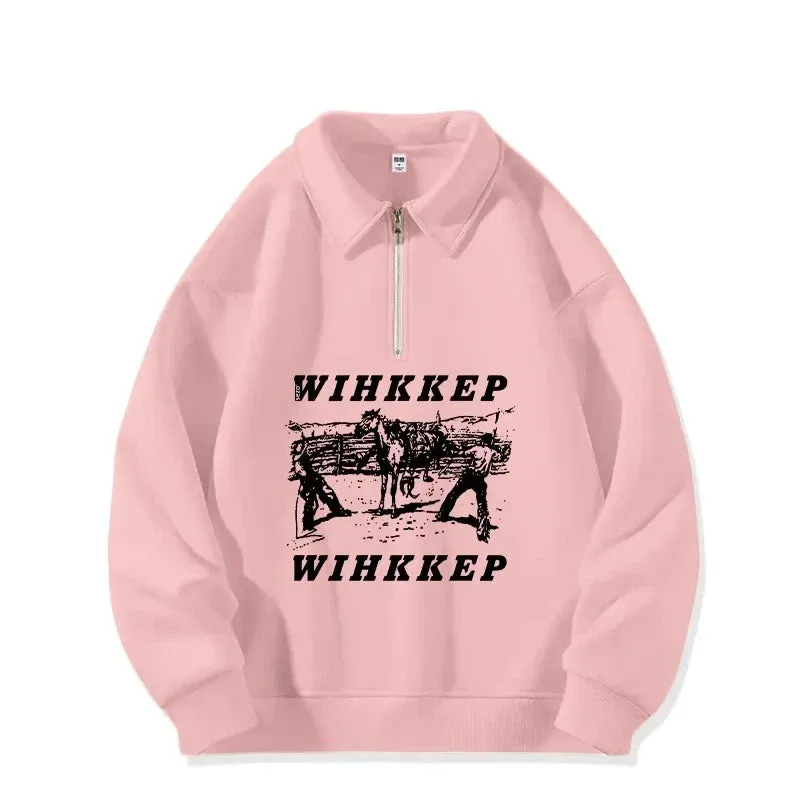 Metaversmall Solid Color Street Chicly Printing Hoodies Women Fashion Polo Neck Simple Loose Casual 5-colors Female Hoodies Pink White