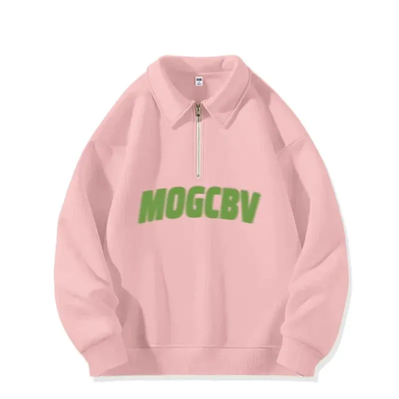 Metaversmall Street Letter Printing Loose Casual Female Hoodies Winter Chicly Zipper Polo Neck Fashion Simple  6-colors Women Hoodies