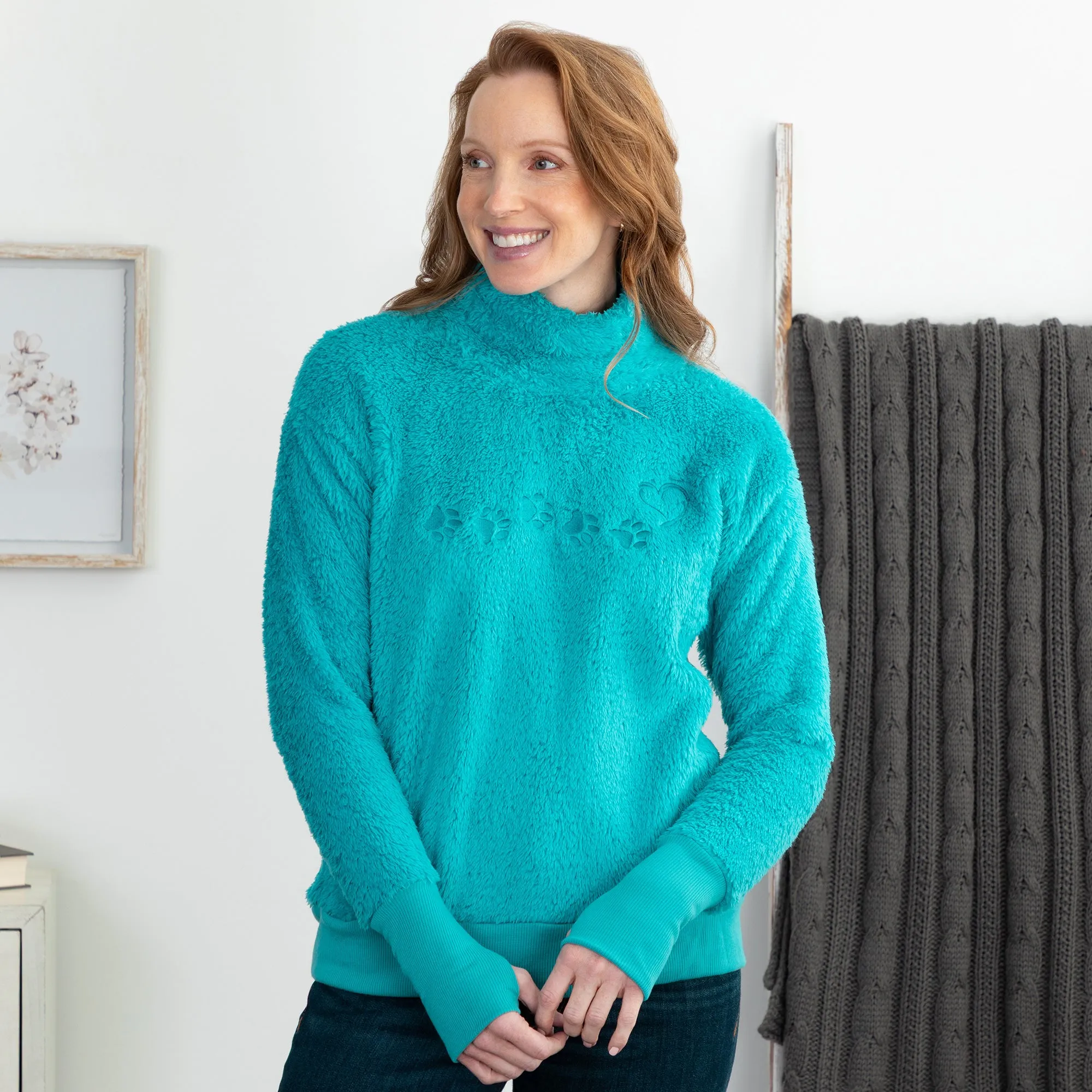 Paw Print Mock Neck Plush Sherpa Fleece Pullover with Thumb Holes