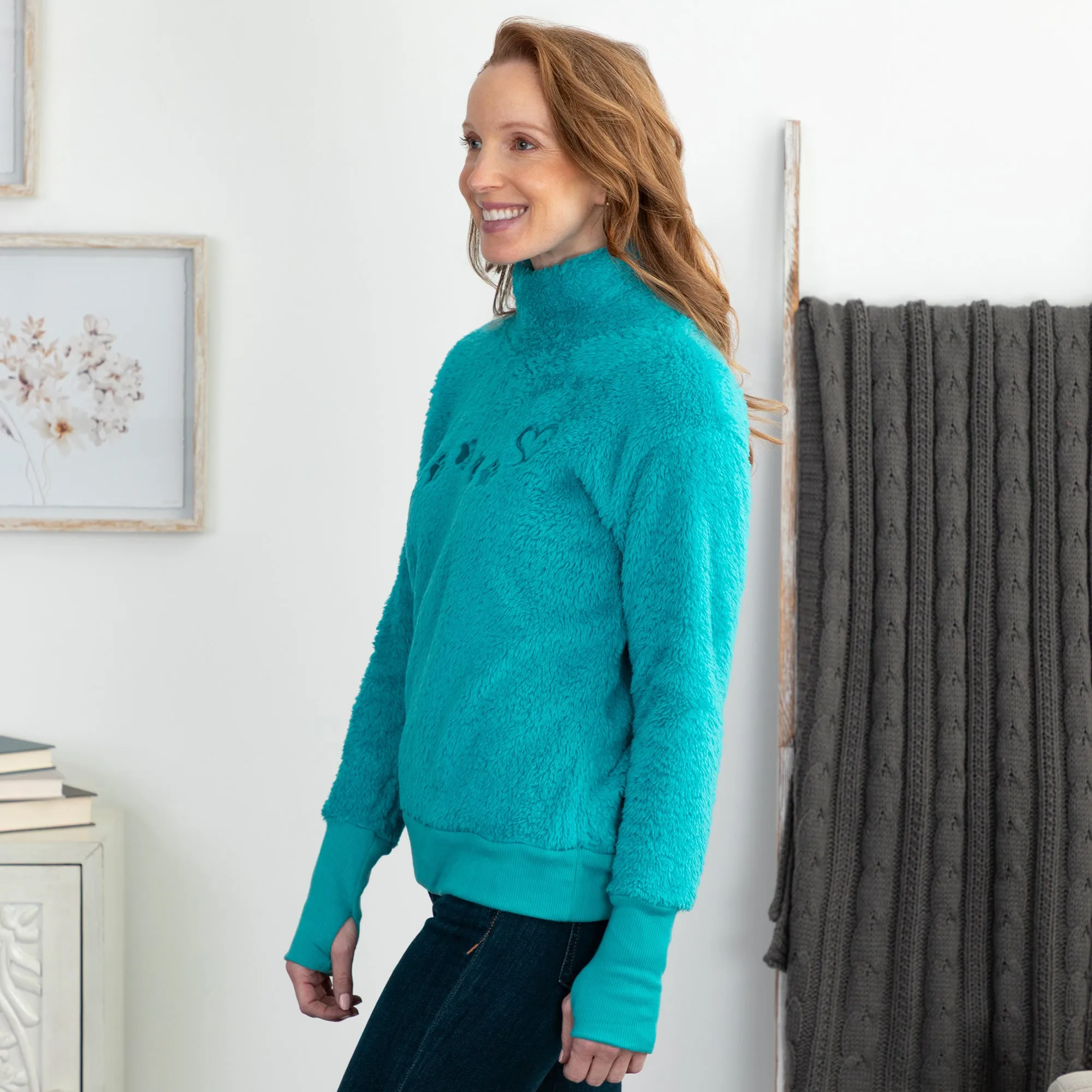 Paw Print Mock Neck Plush Sherpa Fleece Pullover with Thumb Holes