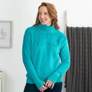 Paw Print Mock Neck Plush Sherpa Fleece Pullover with Thumb Holes