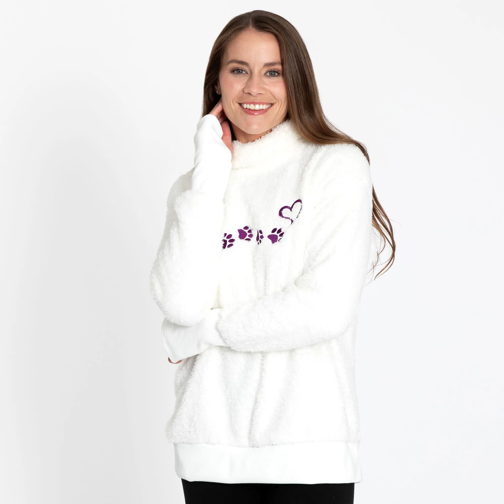 Paw Print Mock Neck Plush Sherpa Fleece Pullover with Thumb Holes