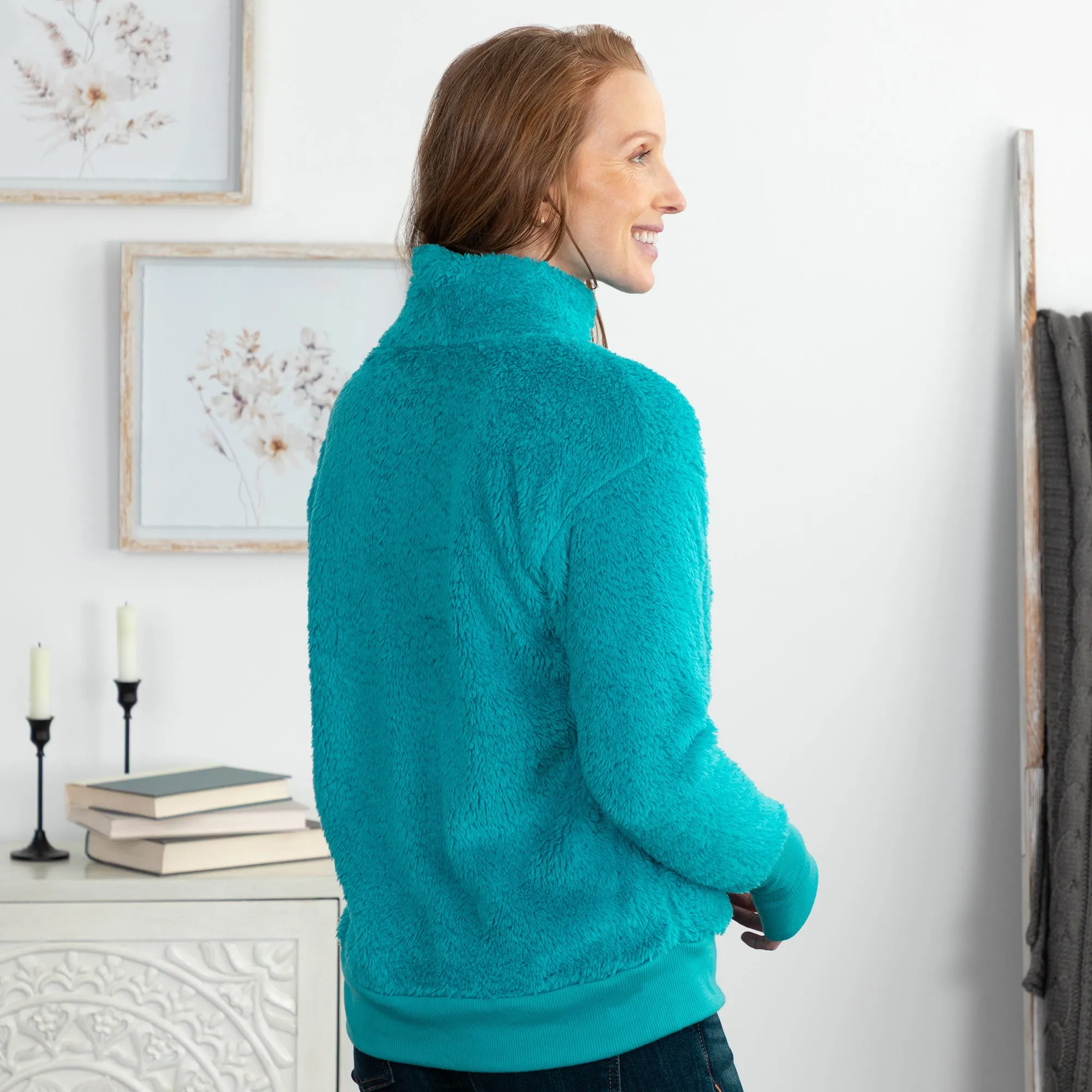 Paw Print Mock Neck Plush Sherpa Fleece Pullover with Thumb Holes