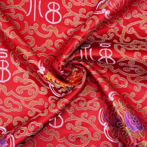 Red-Orange-Multi Polyester Fancy Floral Trellis Chinese Brocade Woven Fabric