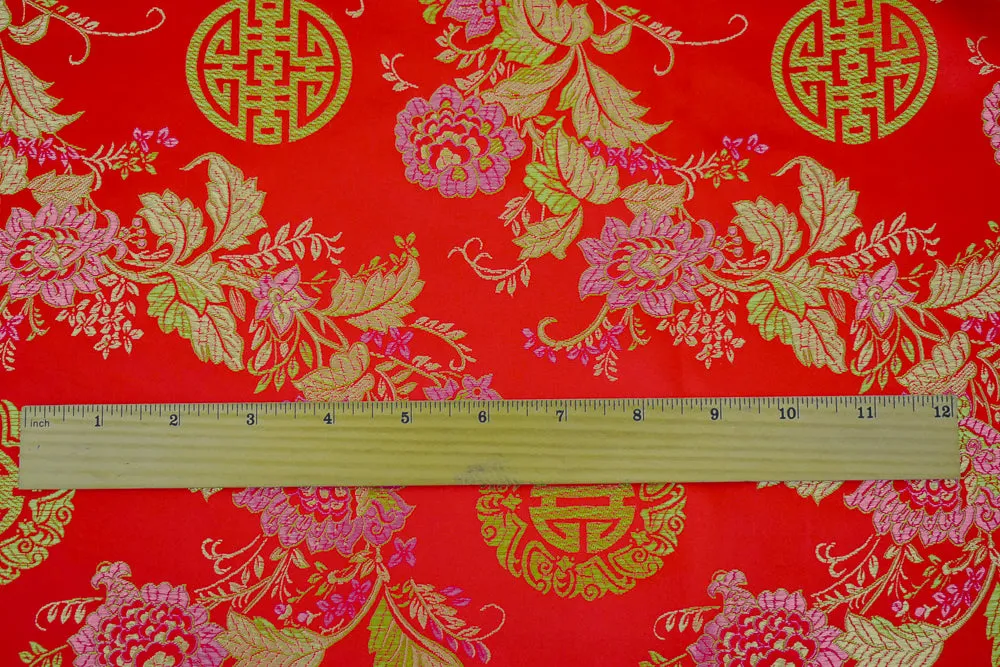 Red-Pink-Multi Polyester Floral Chinese Brocade Woven Fabric