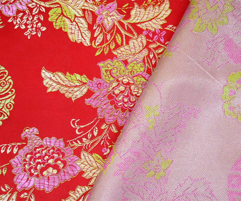 Red-Pink-Multi Polyester Floral Chinese Brocade Woven Fabric