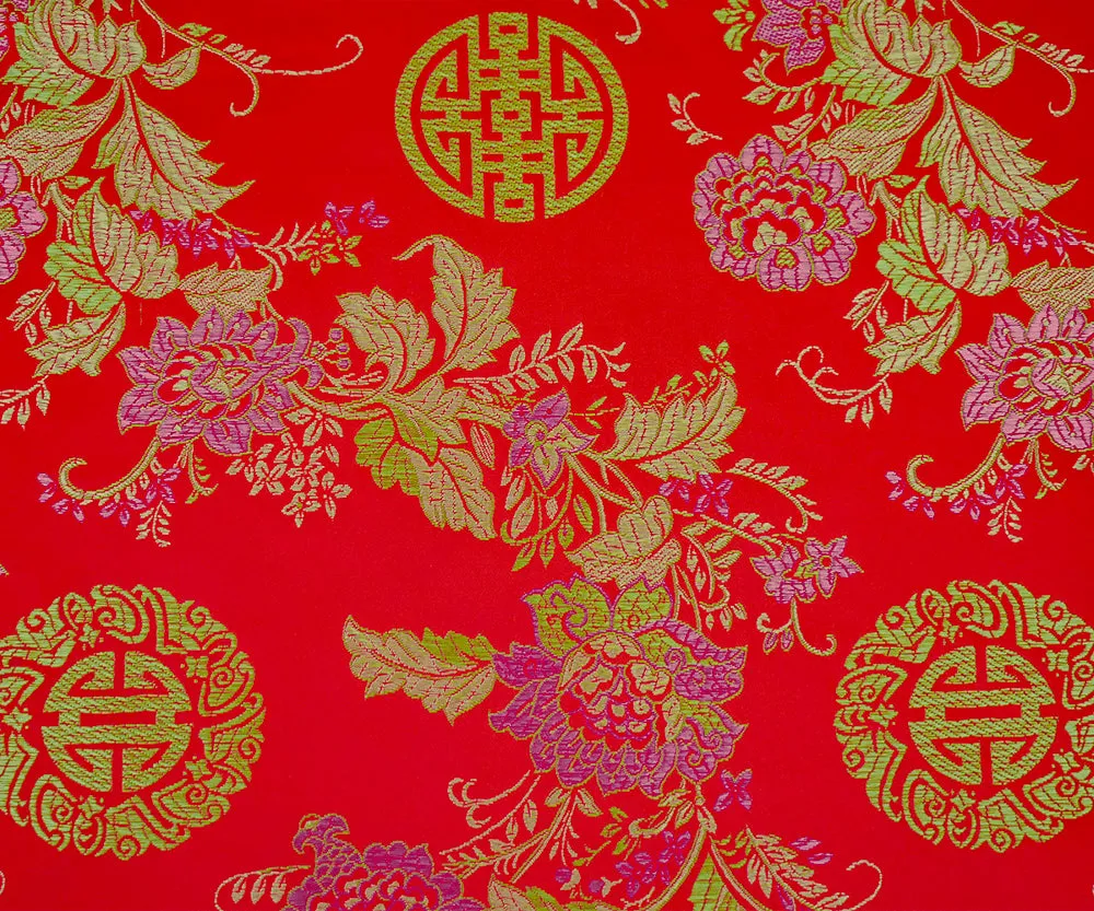 Red-Pink-Multi Polyester Floral Chinese Brocade Woven Fabric
