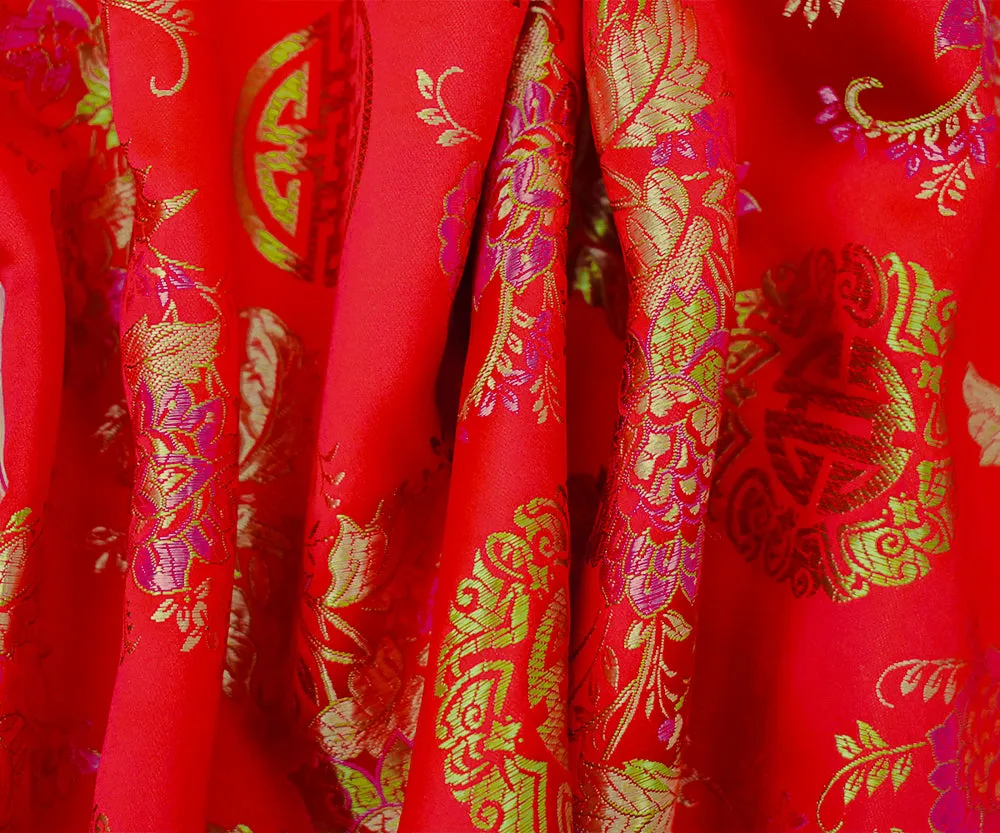 Red-Pink-Multi Polyester Floral Chinese Brocade Woven Fabric
