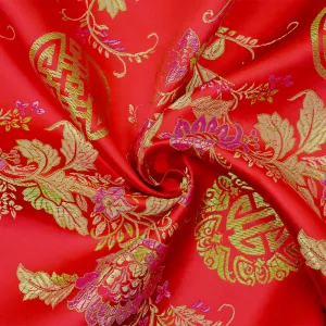 Red-Pink-Multi Polyester Floral Chinese Brocade Woven Fabric