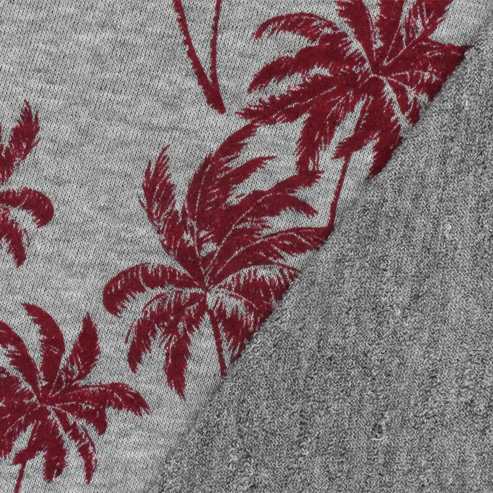 Static Gray-Red Palm Tree Printed Stretch French Terry Knit Fabric