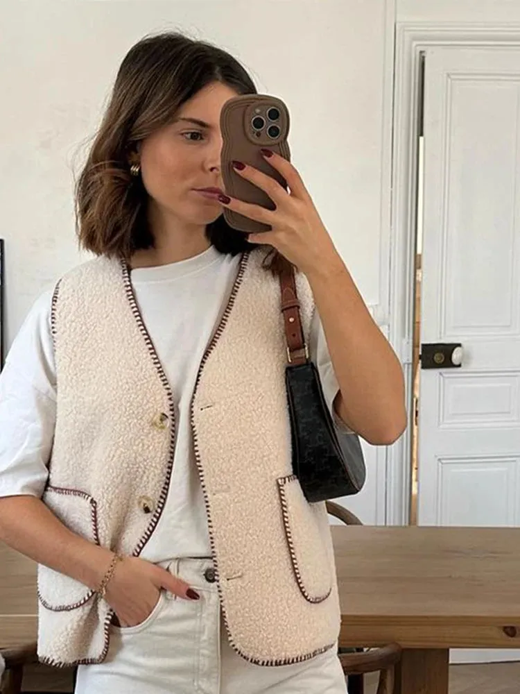 TAVIMART  -  New Plush Sleeveless Women's Vest Casual Solid Color V-neck Vests New Autumn Single Breasted Jacket with Pockets Ladies Tops