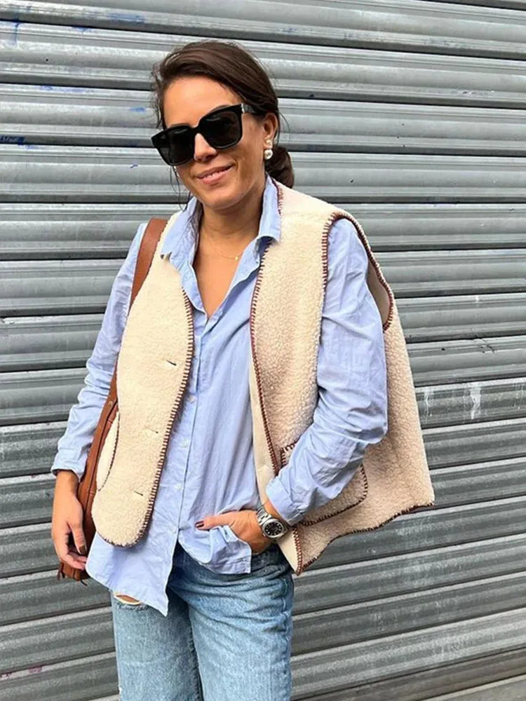 TAVIMART  -  New Plush Sleeveless Women's Vest Casual Solid Color V-neck Vests New Autumn Single Breasted Jacket with Pockets Ladies Tops