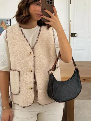 TAVIMART  -  New Plush Sleeveless Women's Vest Casual Solid Color V-neck Vests New Autumn Single Breasted Jacket with Pockets Ladies Tops