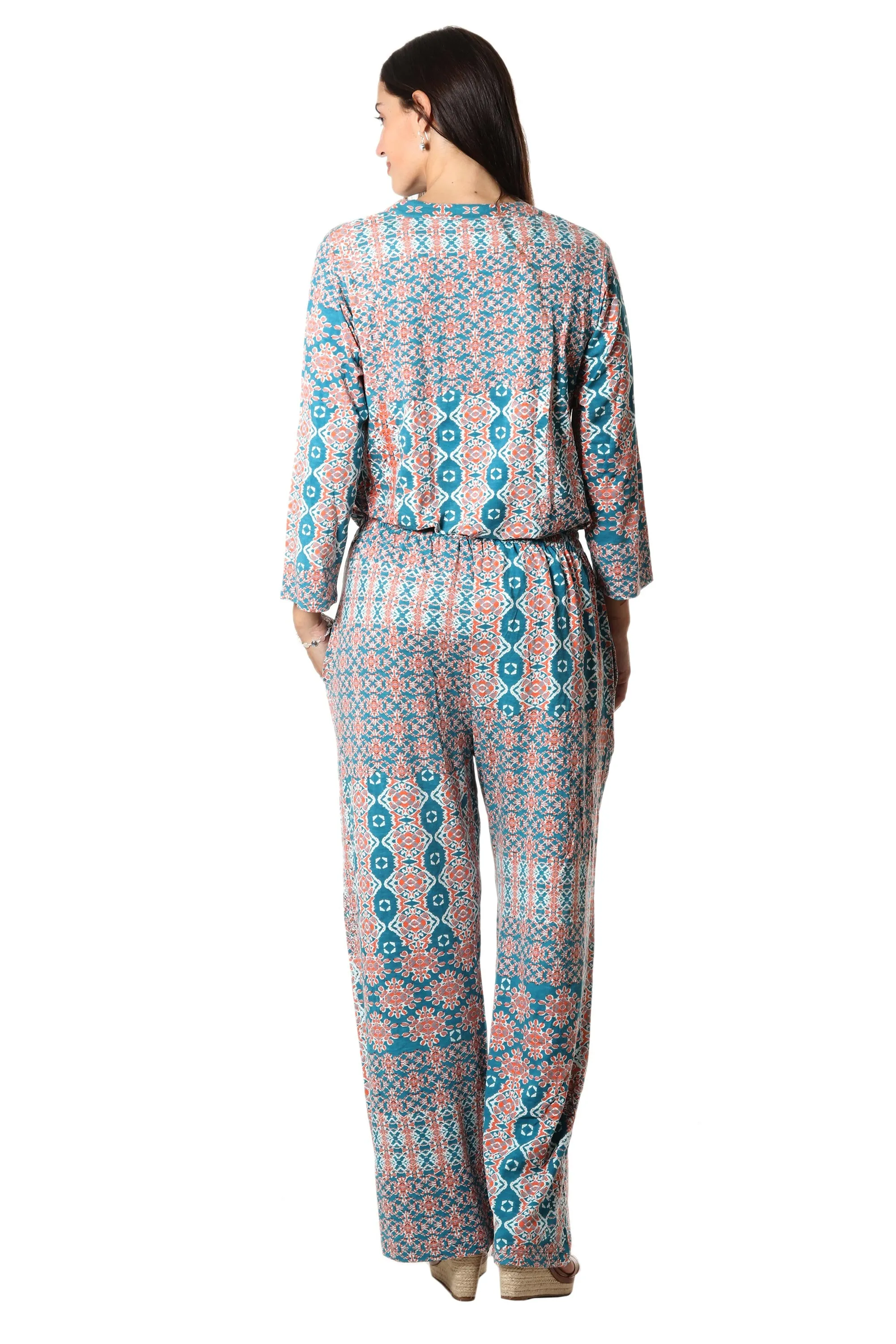 Teal and Melon Print Viscose Blend Pants - Meena Bazaar in Teal | NOVICA
